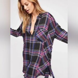 Free People Nordic Plaid Lace-Up Flannel Shirt XS Braided Grommet Sides Boho